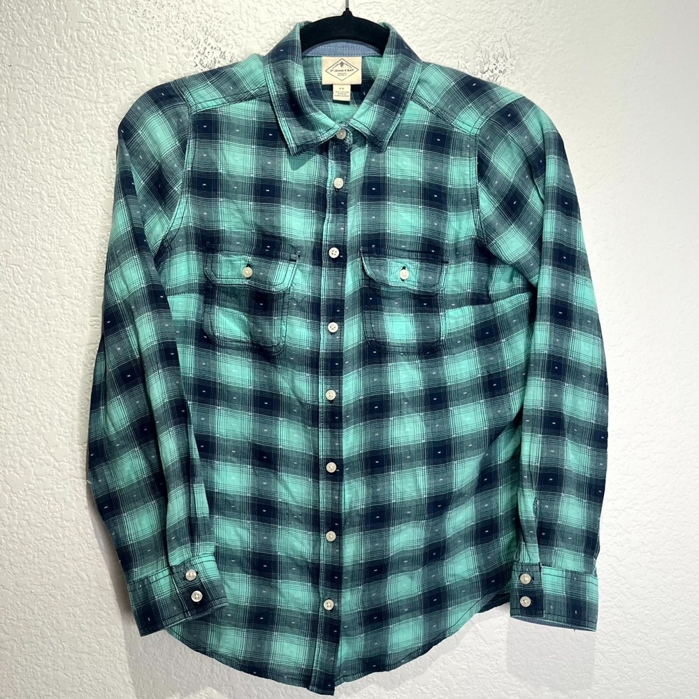 St. John's Bay Shirt Womens Petite Small Mint Black Tartan Plaid‎ Button Up